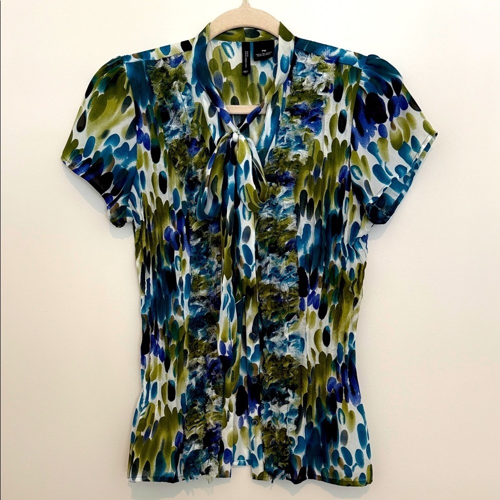 New Directions Blue and Green Patterned Blouse Size PM